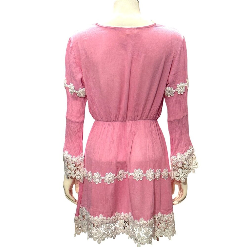 CCC Daisy Lace Trim Long Sleeve Pink Boho Dress Floral Cotton Embroidery Size LG - Picture 4 of 11